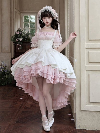 Gothic Underbust JSK Dress with Off-Shoulder Blouse, Pink & White, High-Low Skirt - Sheer Ocean