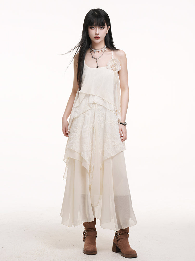 Slip Detail Rose with Dress Apricot Skirt Ankle-Length A-Line Multi-Layered