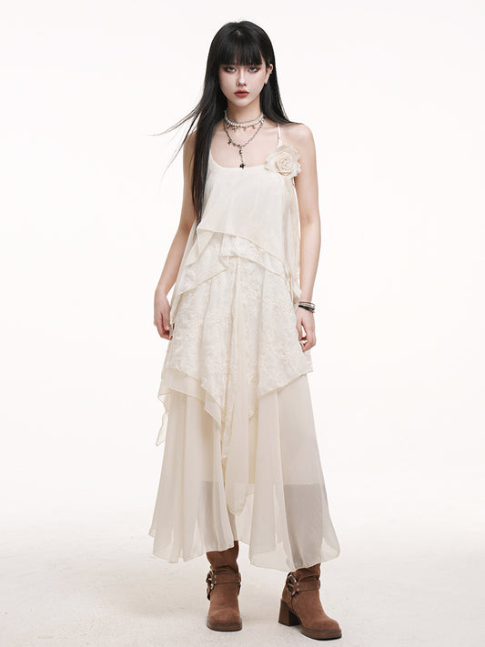 Slip Detail Rose with Dress Apricot Skirt Ankle-Length A-Line Multi-Layered