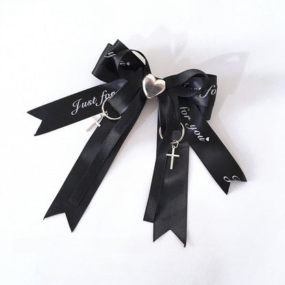 with Kei Ribbon and Charms Black/Black Pink Cross Rhinestone Heart-Shaped Bow Jirai Hairclips