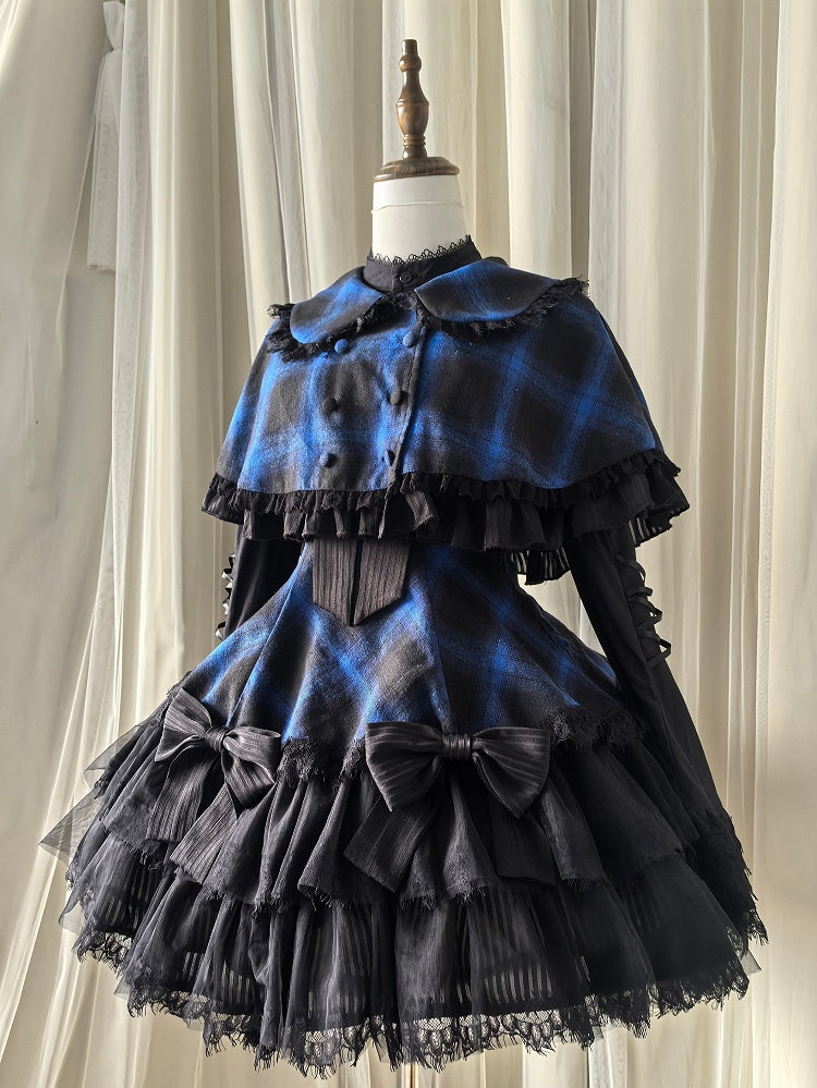 Blue Plaid Pattern Rounded Flat Collar Cape