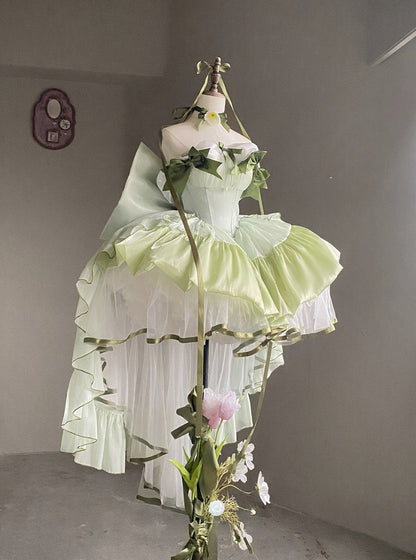Green Balletcore Puffy Dress with Bow Accents - POSHEPOSE