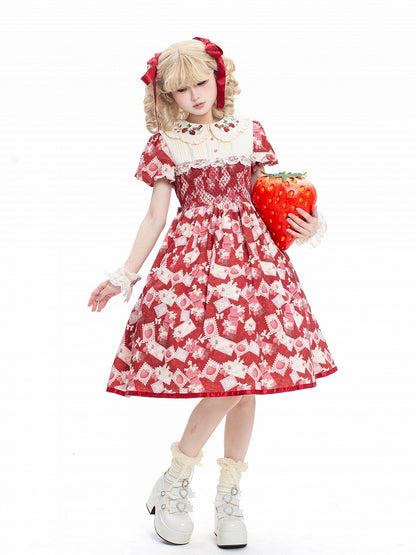 Dress Sleeves Red Lolita Strawberry Embroidered with Beige Sweet Puff Collar Print