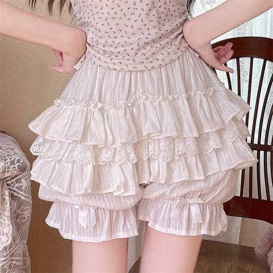 Pure Ruffle Details Bow Lace Bloomers Lolita with Multi-Layer White
