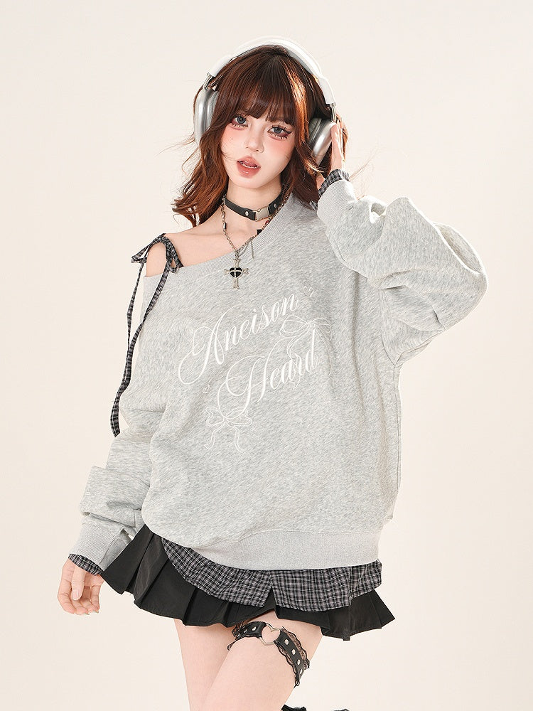 Self-tie Asymmetrical Neckline Plaid Hem Sweatshirt Black/Gray Shoulder Strap