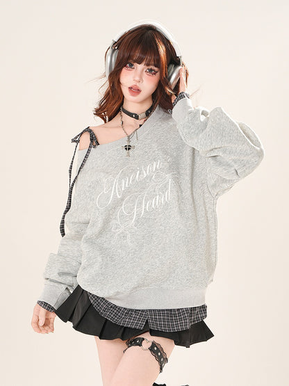 Self-tie Asymmetrical Neckline Plaid Hem Sweatshirt Black/Gray Shoulder Strap