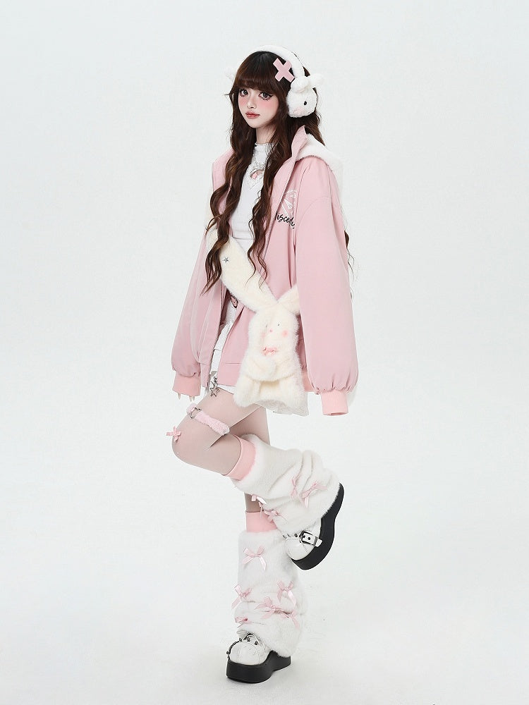 Print Ear Jacket with Hood Detachable Graffiti Thick Bunny Pink