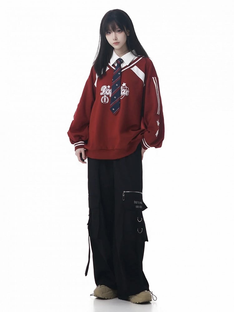 with Collegiate Version Faux Wine Long/Short Blue Star Sweatshirt Red/Navy Two-Piece Print in