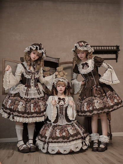 Vintage Brown Bear Symphony Theme Lolita JSK with Bow & Lace Accents - Twin Bear Original Design