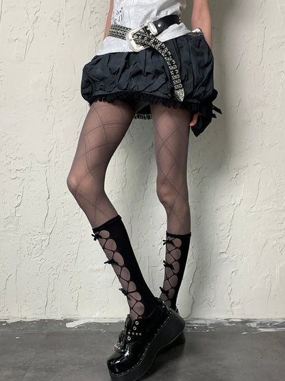 Stockings Cut-out Bowknot Y2K Underknee Design Details Black