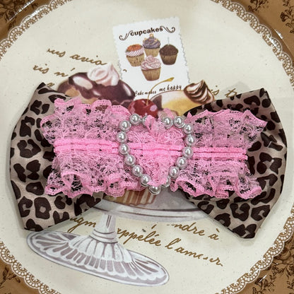 Pattern Pink/Black Leopard Beaded Bowknot Heart Decorated Hairclip