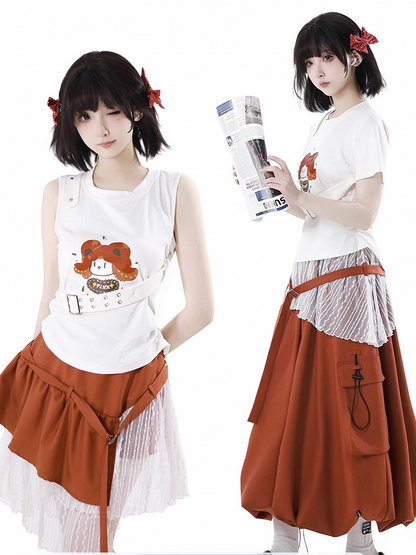 取り外し可能なバックルストラップ付きホワイトカートゥーンプリントコットンタンクトップ