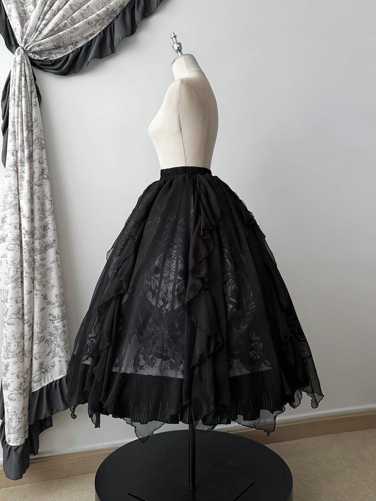 / Print Gothic with Lolita Trims Winged White Black Skirt Goat Cascading Ruffle