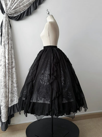 / Print Gothic with Lolita Trims Winged White Black Skirt Goat Cascading Ruffle