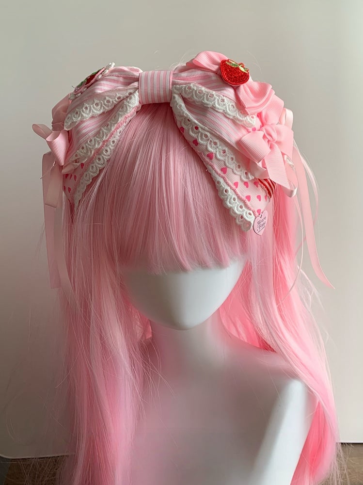 Sweet Theme Lolita / Hairband Striped Bowknot Strawberry Pink KC Oversized