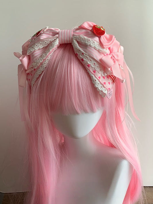 Sweet Theme Lolita / Hairband Striped Bowknot Strawberry Pink KC Oversized