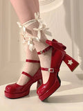 Buckles Decorative Starry Jane Shoes and with Back Wine Night Star Y2K Platform Moon Red - Mary Bow