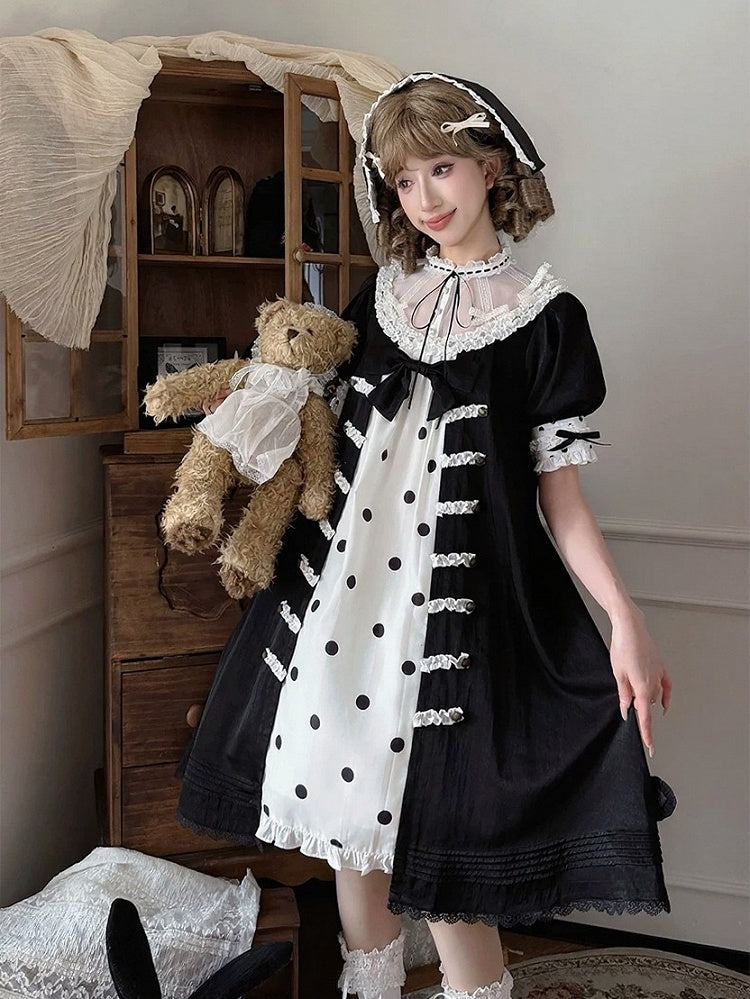 Vintage Gothic Puff Sleeve Lolita Doll Dress with Polka Dot and Lace - Charing Cross