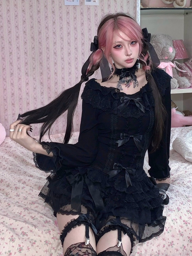 Autumn Dark Fashion Long-Sleeve Top with Black Lace & Bow Decor Plus Matching Choker - HBreaker