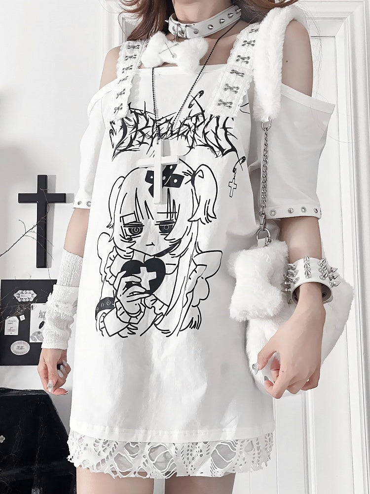 Topwith White Subculture Girl Gothic Anime PrintCross-Buckle Straps Off-Shoulder