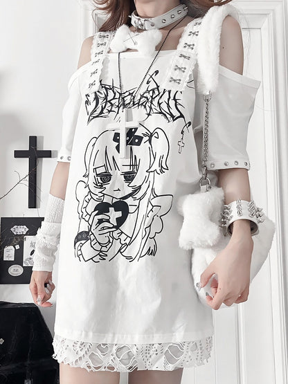 Topwith White Subculture Girl Gothic Anime PrintCross-Buckle Straps Off-Shoulder