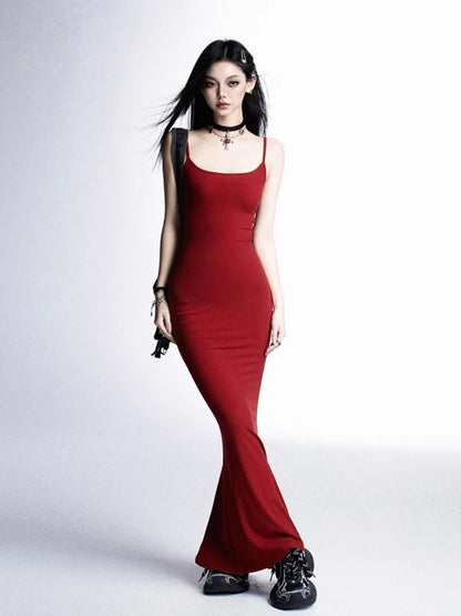 Glamouröses Spaghettiträgerkleid mit Rock im Boden, Schwarz/Rot/Blau, Länge Meerjungfrau