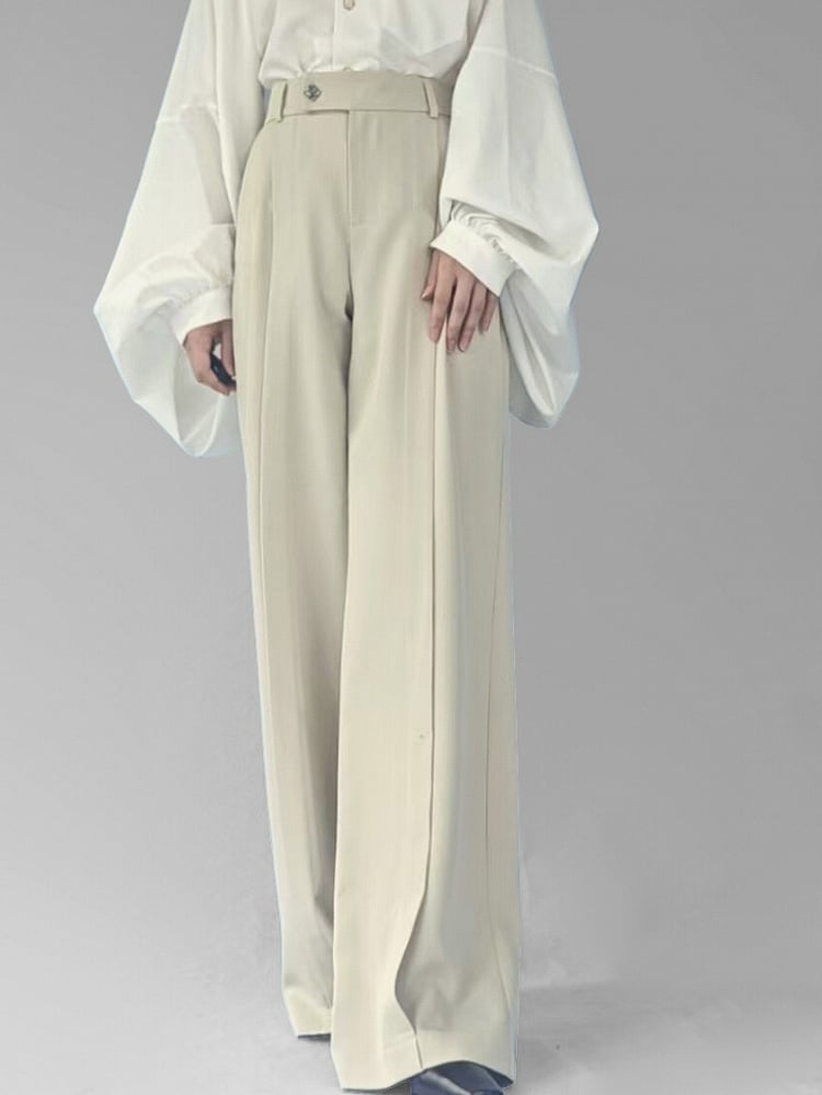 Pants Partial Elastic Waistband Cut Style with Beige in Unisex Chinese Straight-leg