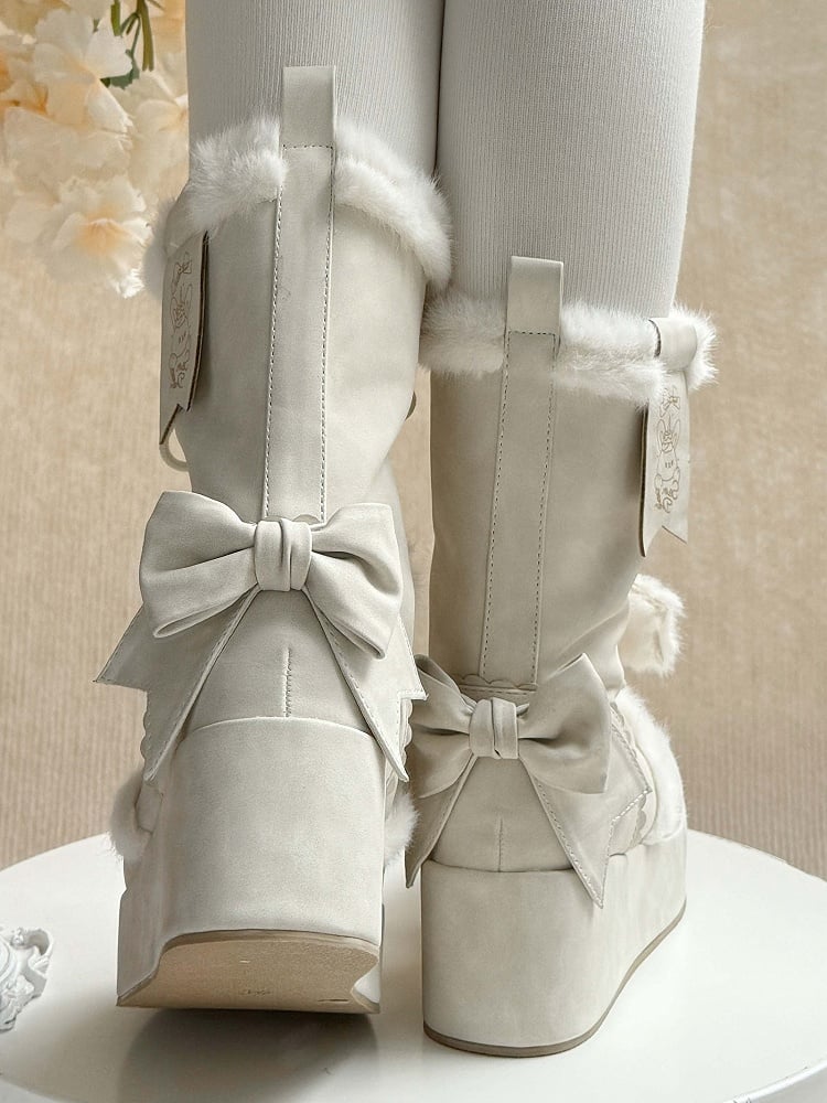 Fleece White Bow Sweet Lining Star Platform Boots Lolita Charm And Pompon Shoelaces for Heart Decor with Winter 4cm -