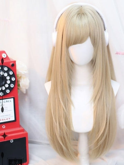 サイドスイープの黒バスト、ウィッグの下、茶/ブロンドの前髪、ストレート60-65CMの長さ