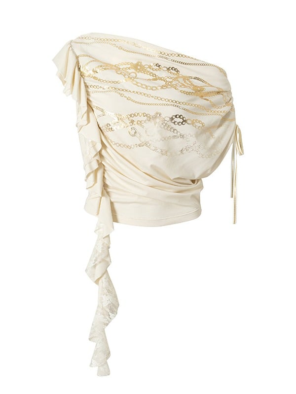Punk Gold Chain Print Apricot Top with Asymmetric Neckline - NO ROMANCE