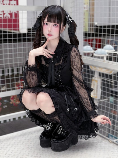 Black Lace Tiered Ruffle Dress with Bow Accents - Puppet Bombs