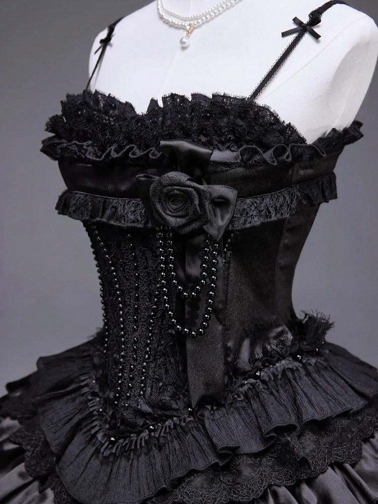 Black Lace-Up JSK Dress with Floral Brooch and Overlay - Airfreeing