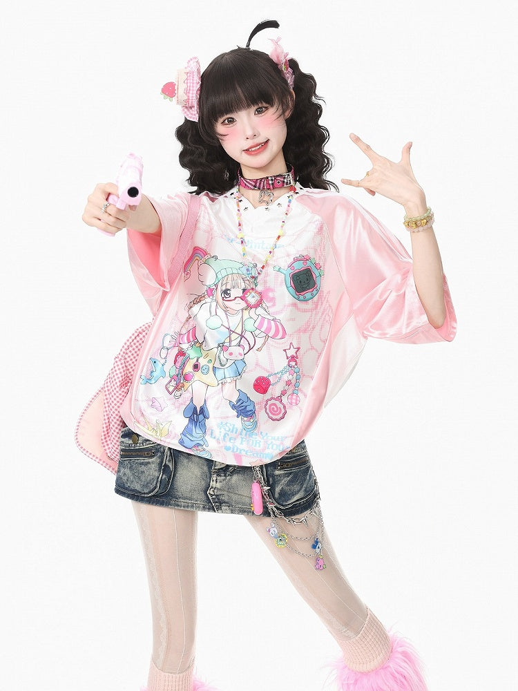 Kawaii Pink Satin V-Neck Tee with Anime Print - Languid Park