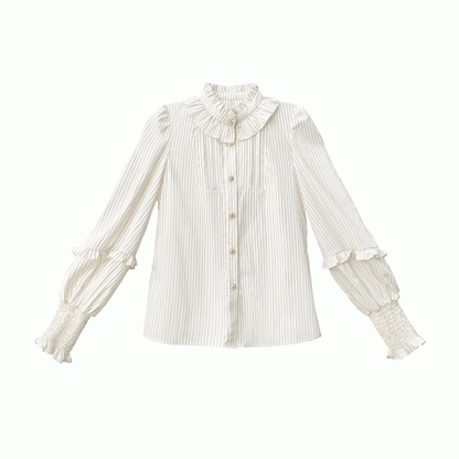 Beige Striped Blouse with Bishop Sleeves and Elastic Cuffs