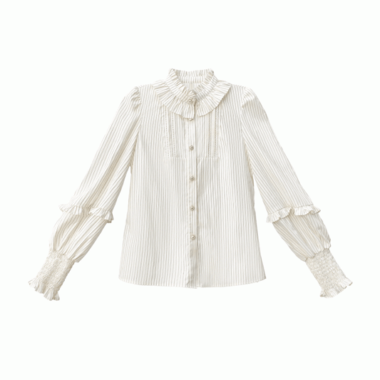 Beige Striped Blouse with Bishop Sleeves and Elastic Cuffs