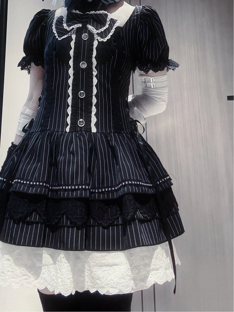 Gothic Batwing Sleeve Lace-up Dress Collar with Waist Stripes Puff Black