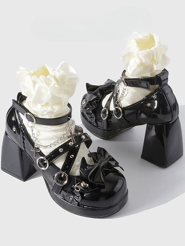 Janes Heel Block Black Chain Cross - Lolita Platform Gothic High Charm Mary