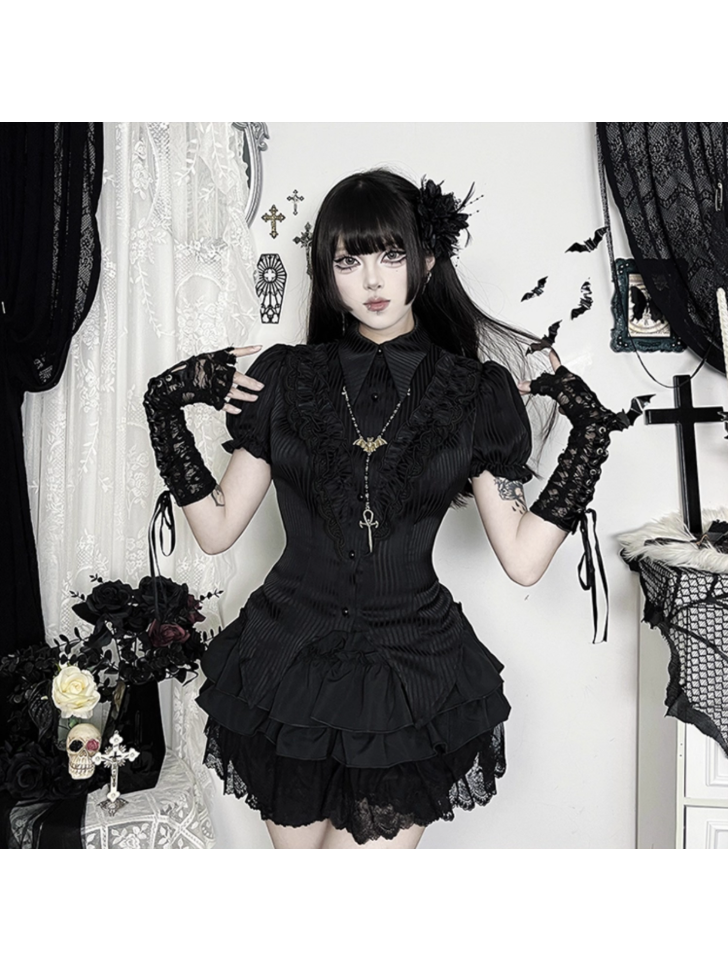 Waist Skirt Gothic Trim Puff Tiered Halloween Built-in Elastic Shorts Lace with Black