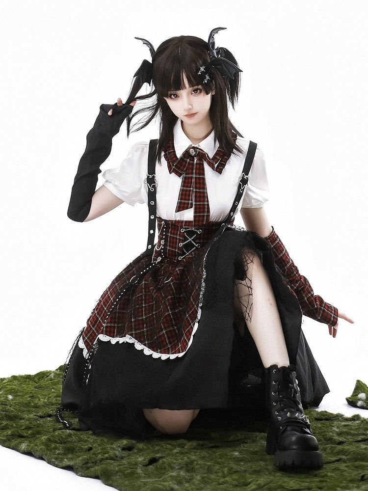 Plaid Punk Detachable Sleeves Black Red Lolita