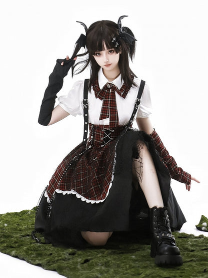 Plaid Punk Detachable Sleeves Black Red Lolita