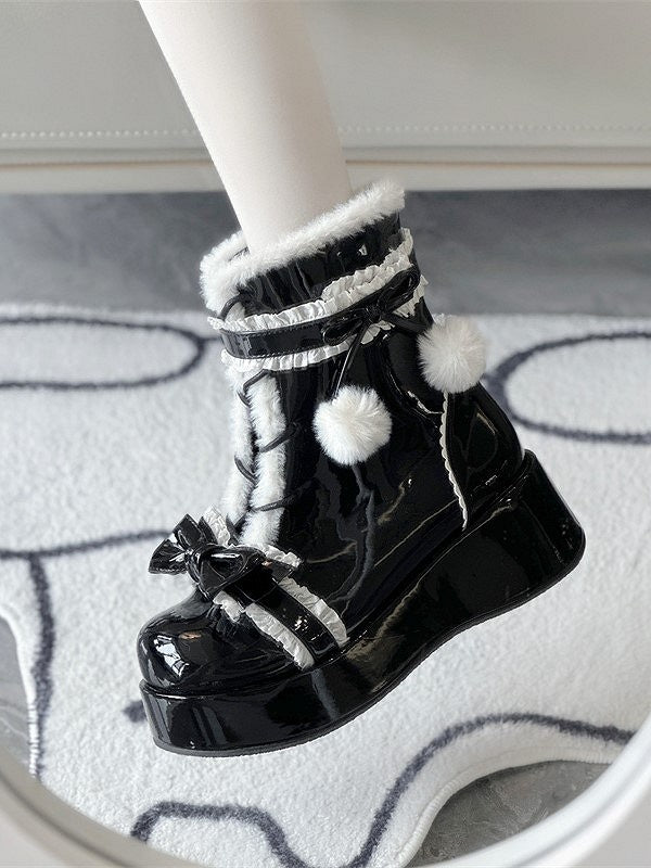 PU Sweet Lolita Black Platform Winter Boots with Bow & Pom-Pom Decor, Size 35 - Jiang Jiang Little Cookies
