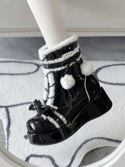 PU Sweet Lolita Black Platform Winter Boots with Bow & Pom-Pom Decor, Size 35 - Jiang Jiang Little Cookies