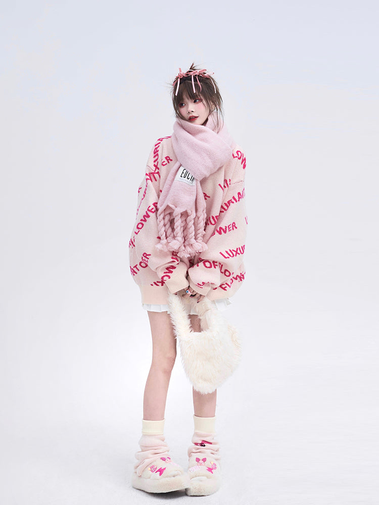 Pullover Vibrant Knit Crewneck Pink with Lettering Sweater