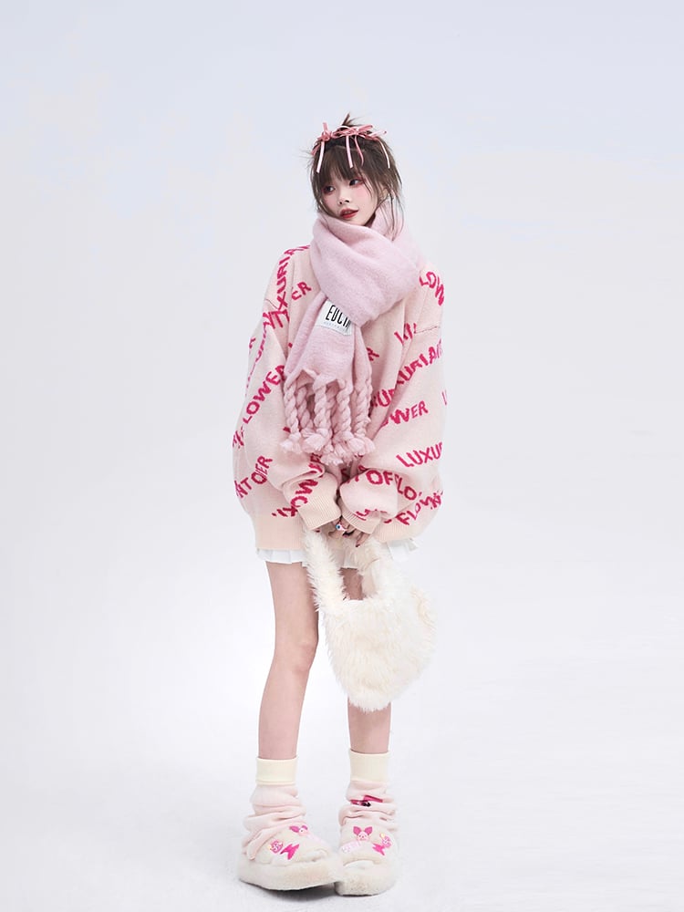 Vibrant Lettering Crewneck Pullover Sweater with Knit Pink