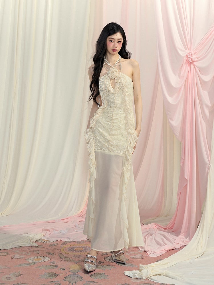 Detail Cascading Ruffle Accents Halter Neck Dress Apricot Cutout