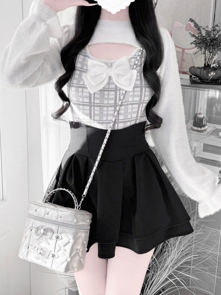 Open-Bust Sweater Plush Decorative Gray in Landmine Bow Mink with Style Plaid