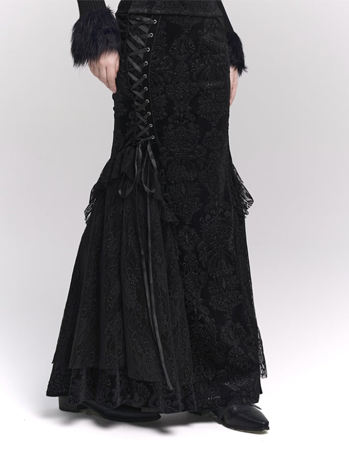 Schwarzer Meerjungfrauenrock aus Samt mit Schnürdetail an der Seite