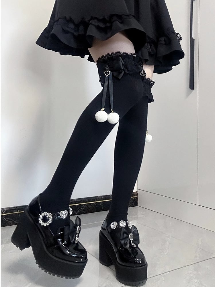 ジライケイ ポンポンディテール レースカフス 蝶結び オーバーニーストッキング