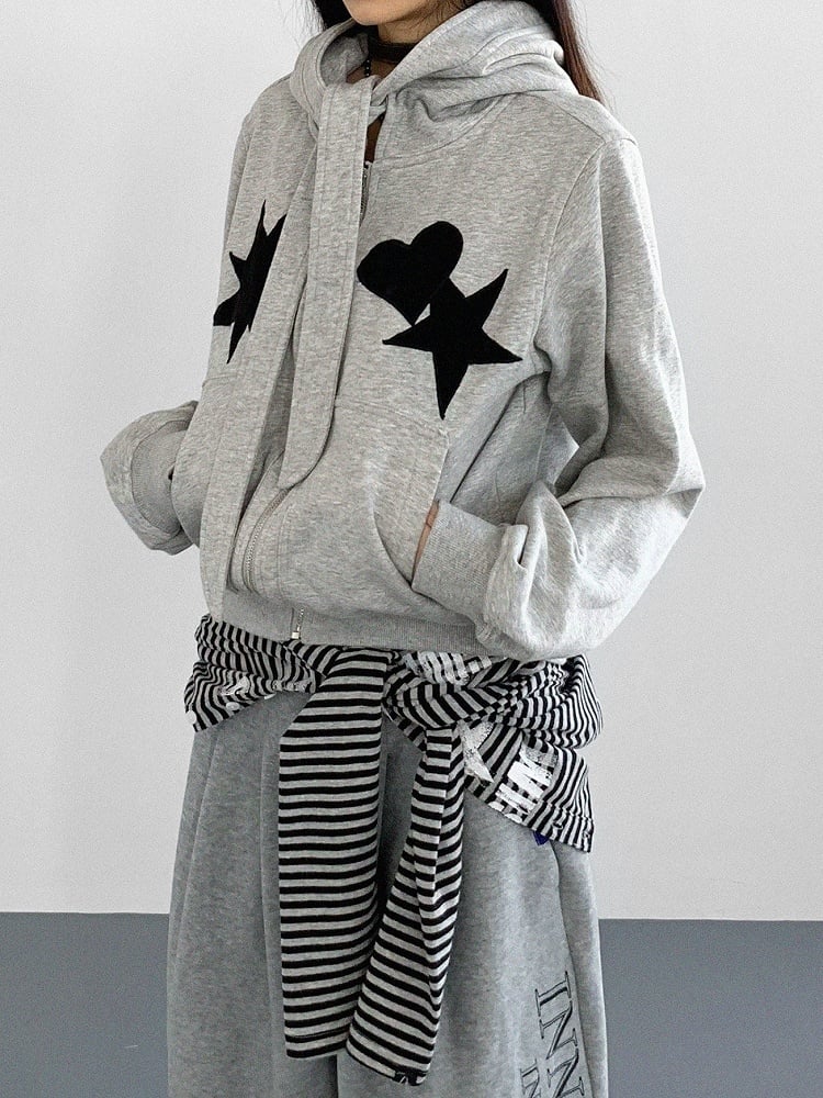 Star Heart Grey Jacket Hooded Patches with