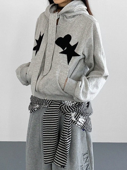 Star Heart Grey Jacket Hooded Patches with